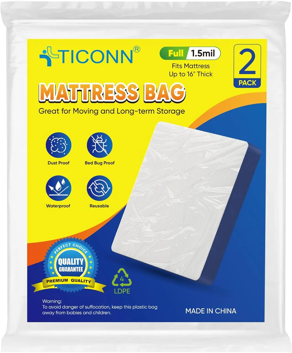 TICONN 2PK Plastic Mattress Bag for Moving Storage, Waterproof Mattress Protector Cover, Heavy-Duty Mattress Moving Supplies (1.5 mil, Full)