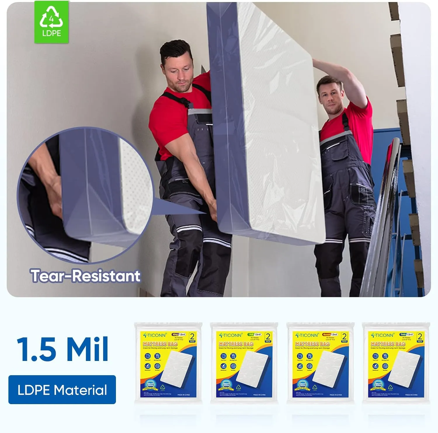 TICONN 2PK Plastic Mattress Bag for Moving Storage, Waterproof Mattress Protector Cover, Heavy-Duty Mattress Moving Supplies (1.5 mil, Full)