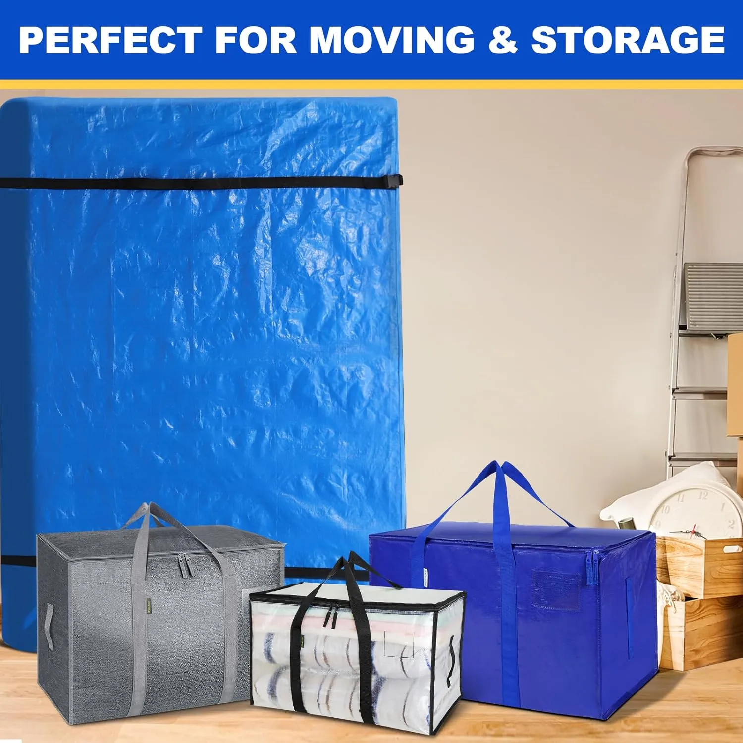 TICONN Mattress Bags for Moving, Heavy Duty Twin XL Mattress Cover Storage Bag with Full-Around Handle and Adjustable Buckles (Blue, Twin XL)