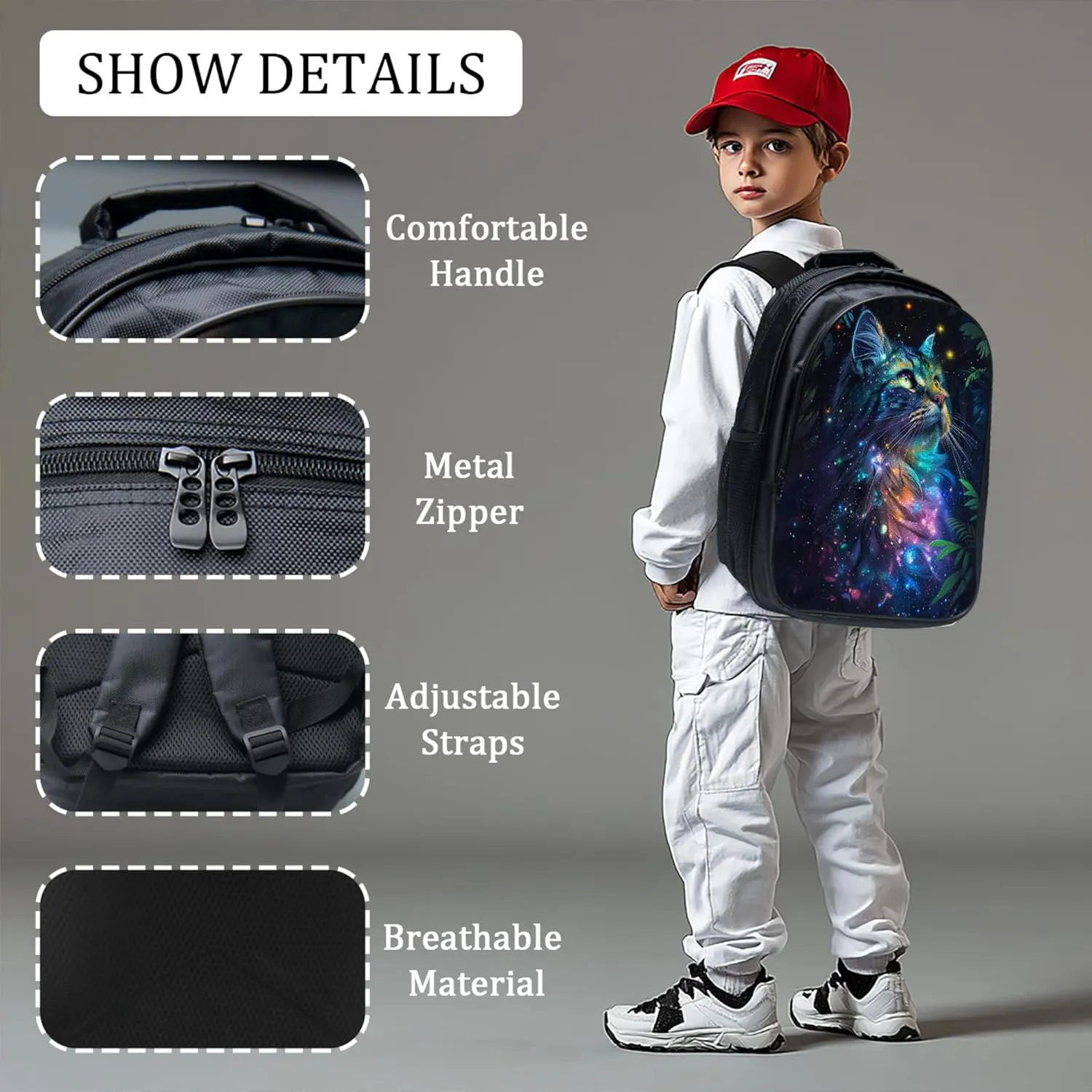 Tijuboni Kids Backpack for School Boys and Girls - 3pcs, Cat School Backpack with Lunch Box and Pencil Case for Children Teens Bookbag 16 Inch Large Capacity