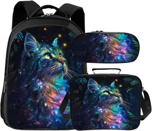 Tijuboni Kids Backpack for School Boys and Girls - 3pcs, Cat School Backpack with Lunch Box and Pencil Case for Children Teens Bookbag 16 Inch Large Capacity