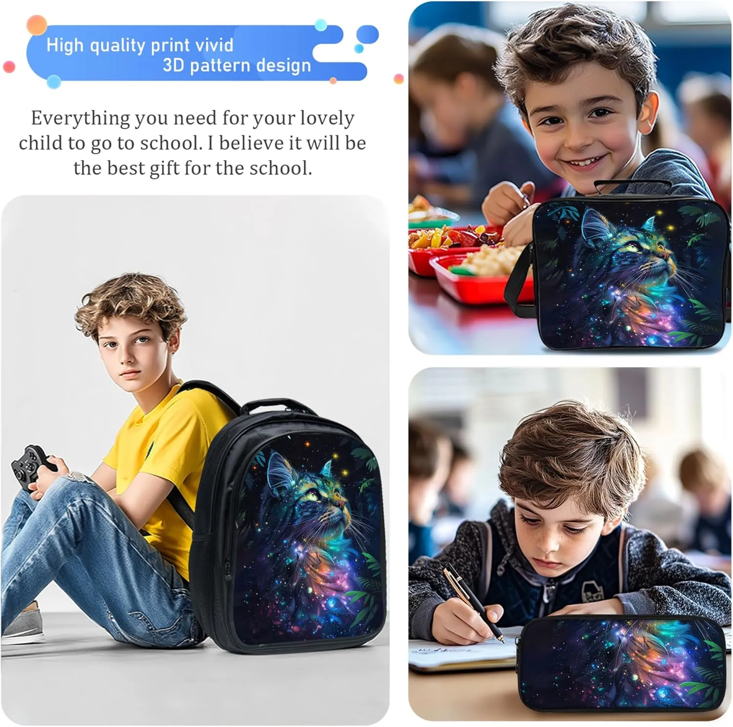 Tijuboni Kids Backpack for School Boys and Girls - 3pcs, Cat School Backpack with Lunch Box and Pencil Case for Children Teens Bookbag 16 Inch Large Capacity