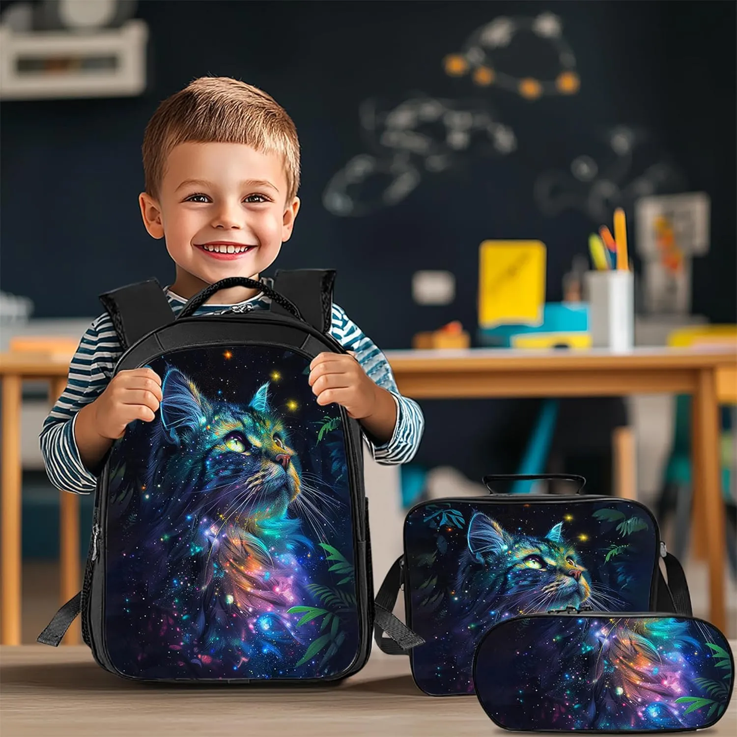 Tijuboni Kids Backpack for School Boys and Girls - 3pcs, Cat School Backpack with Lunch Box and Pencil Case for Children Teens Bookbag 16 Inch Large Capacity
