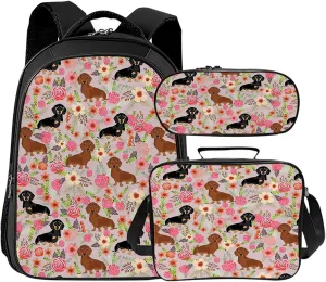 Tijuboni Kids Backpack for School Boys and Girls - 3pcs, Dachshund School Backpack with Lunch Box and Pencil Case for Children Teens Bookbag 16 Inch Large Capacity