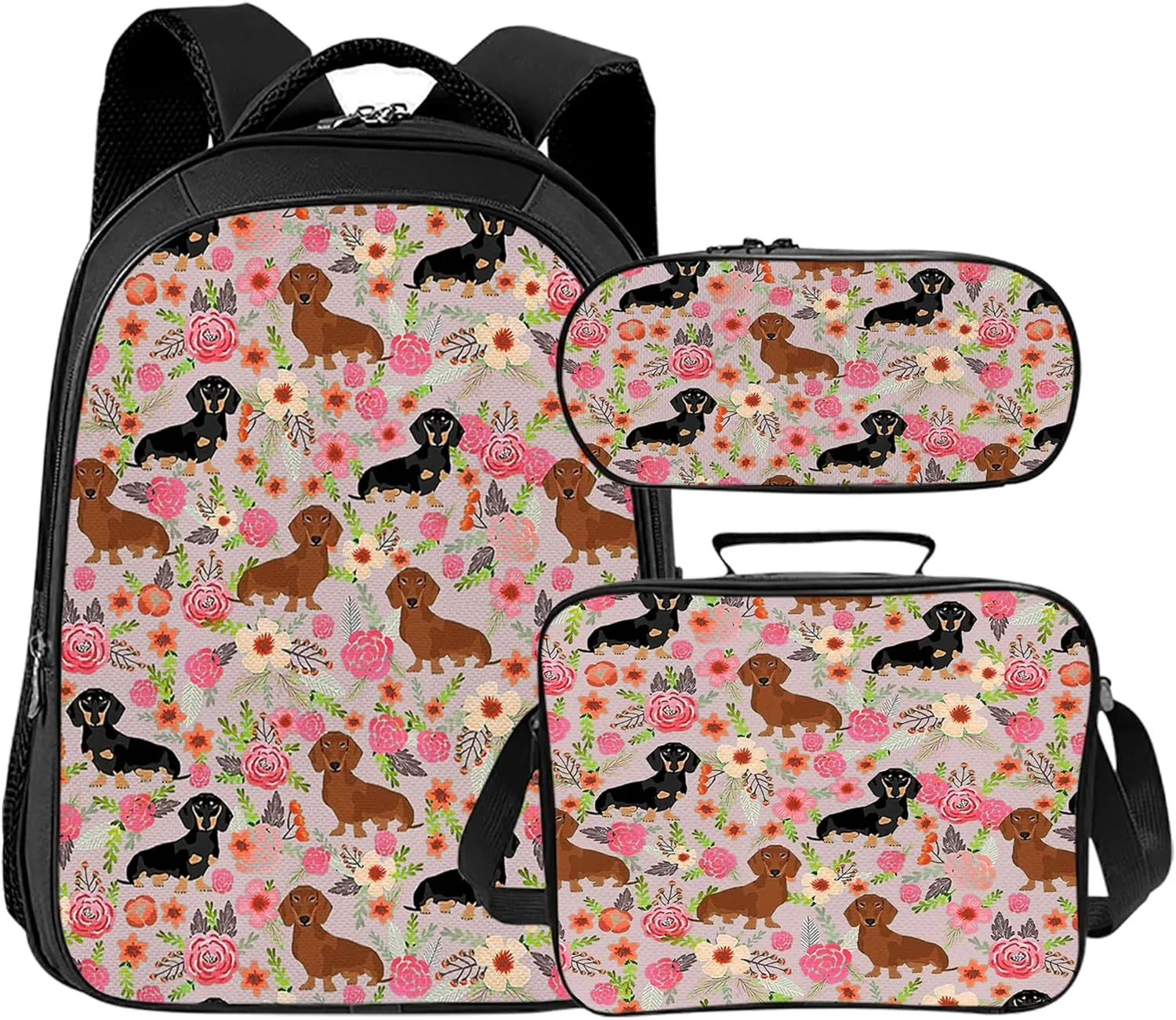 Tijuboni Kids Backpack for School Boys and Girls - 3pcs, Dachshund School Backpack with Lunch Box and Pencil Case for Children Teens Bookbag 16 Inch Large Capacity