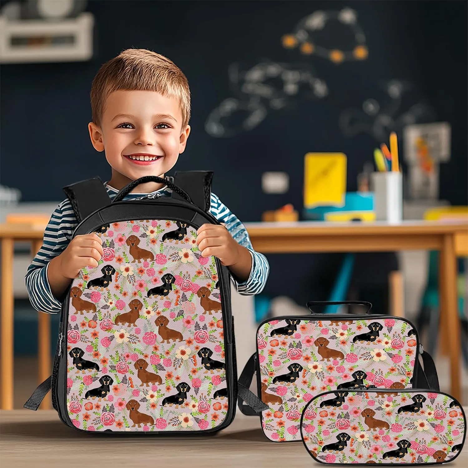 Tijuboni Kids Backpack for School Boys and Girls - 3pcs, Dachshund School Backpack with Lunch Box and Pencil Case for Children Teens Bookbag 16 Inch Large Capacity