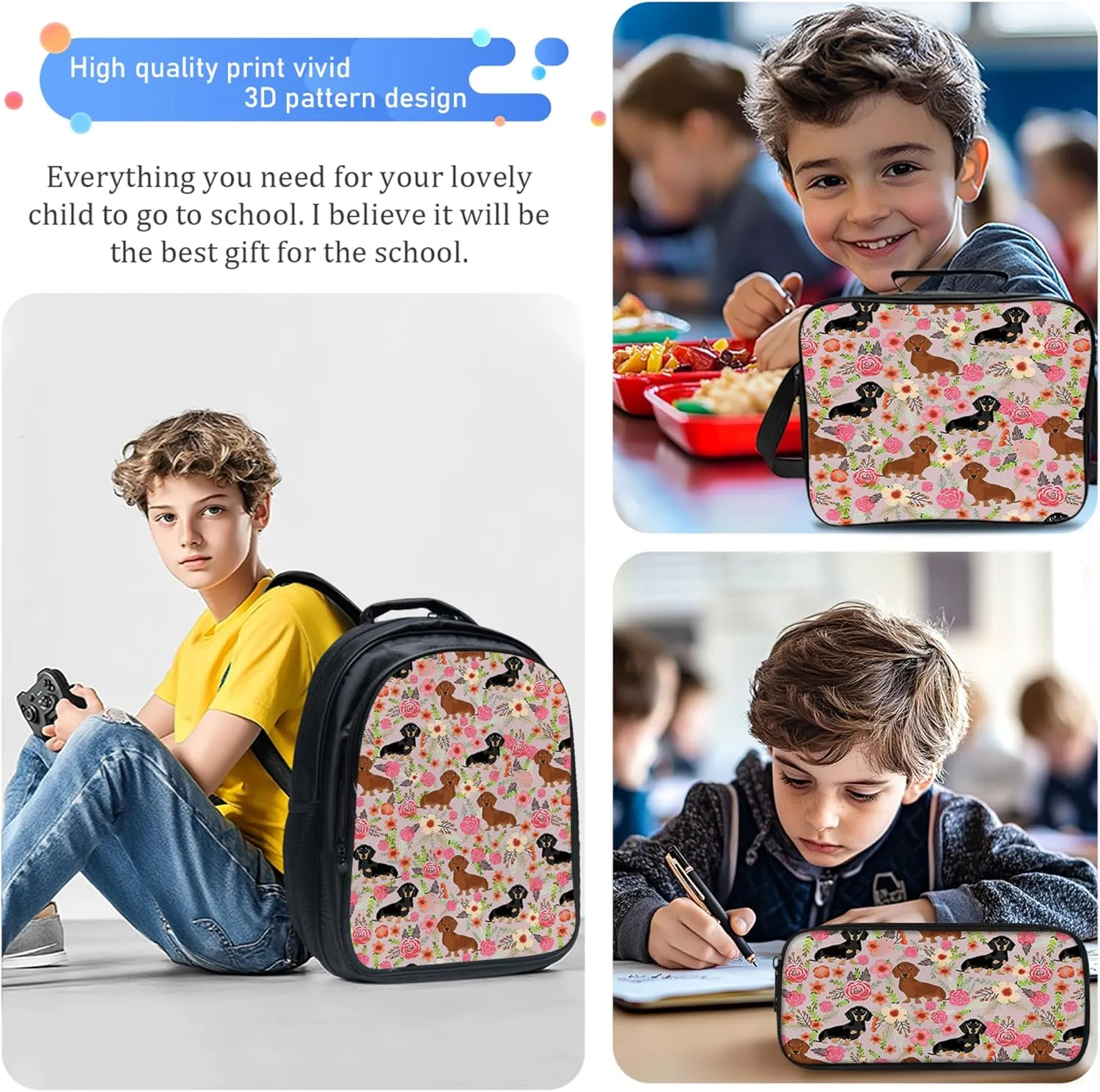 Tijuboni Kids Backpack for School Boys and Girls - 3pcs, Dachshund School Backpack with Lunch Box and Pencil Case for Children Teens Bookbag 16 Inch Large Capacity