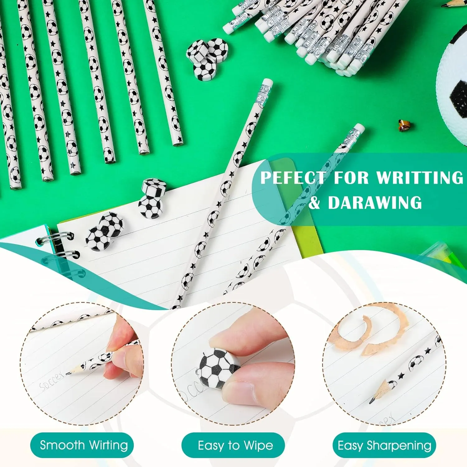 Tinlade 72 Pcs Sports Pencils and Erasers Fun Wooden Pencils Sports Themed Birthday Party Favors Stationery Party Office Supplies(Soccer)