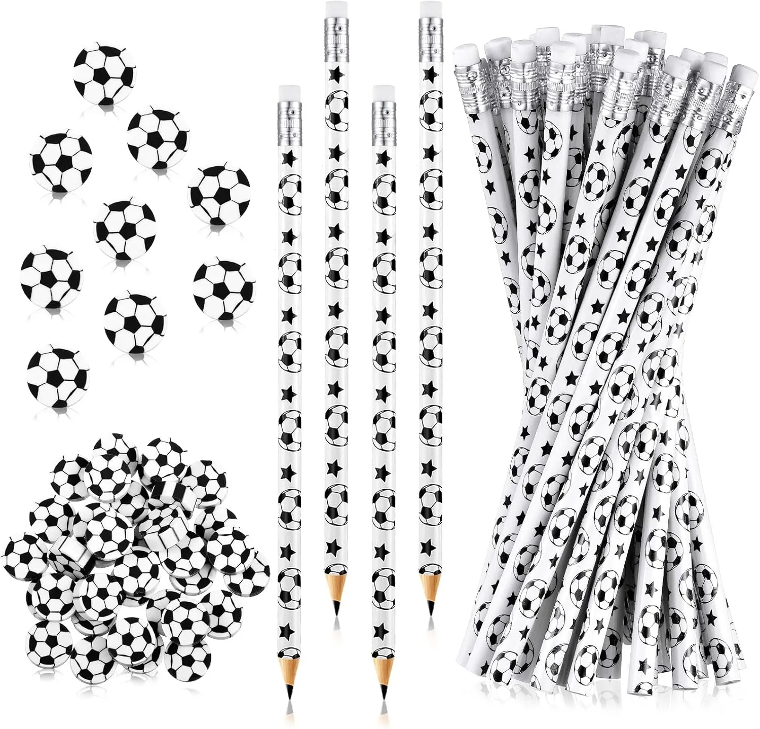 Tinlade 72 Pcs Sports Pencils and Erasers Fun Wooden Pencils Sports Themed Birthday Party Favors Stationery Party Office Supplies(Soccer)