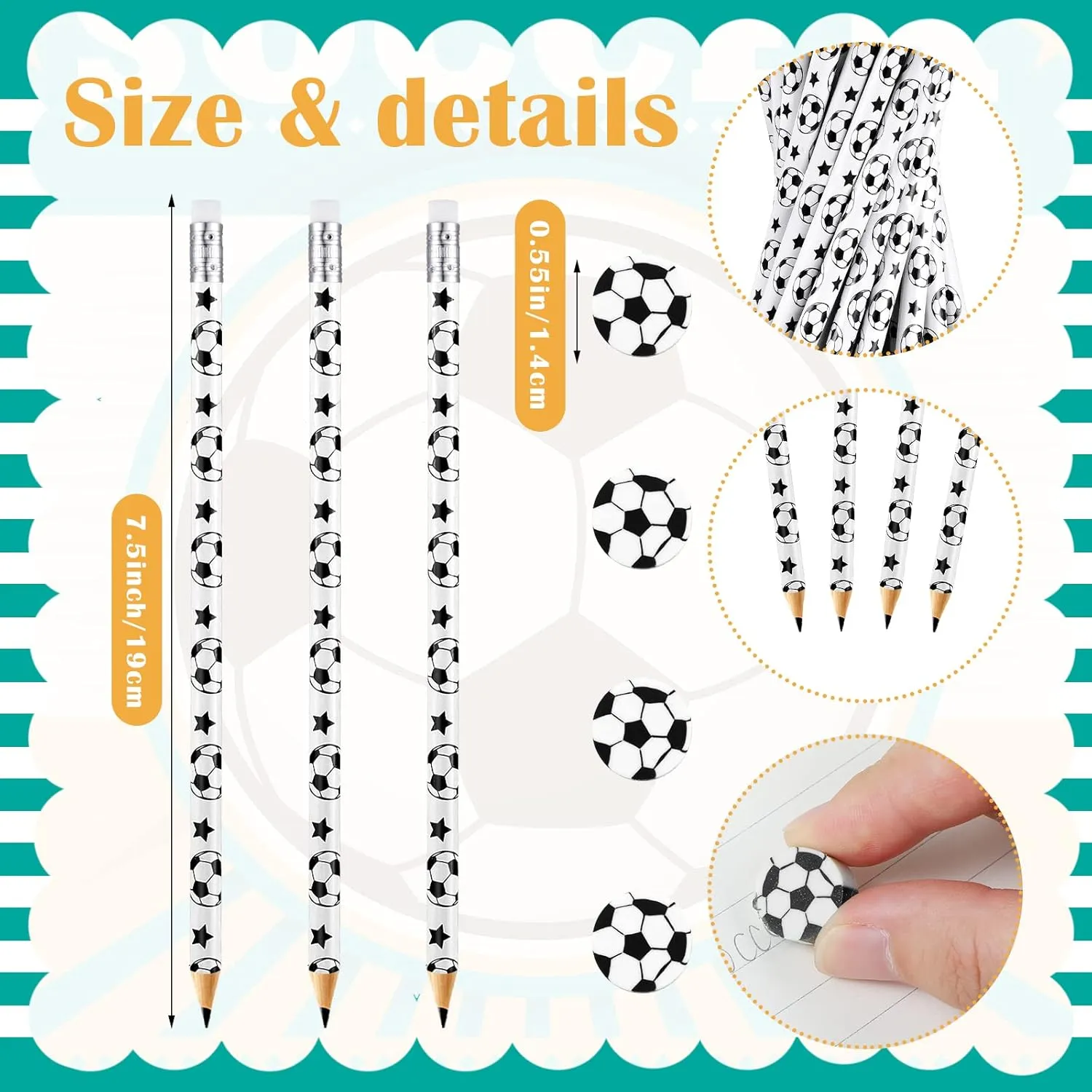 Tinlade 72 Pcs Sports Pencils and Erasers Fun Wooden Pencils Sports Themed Birthday Party Favors Stationery Party Office Supplies(Soccer)