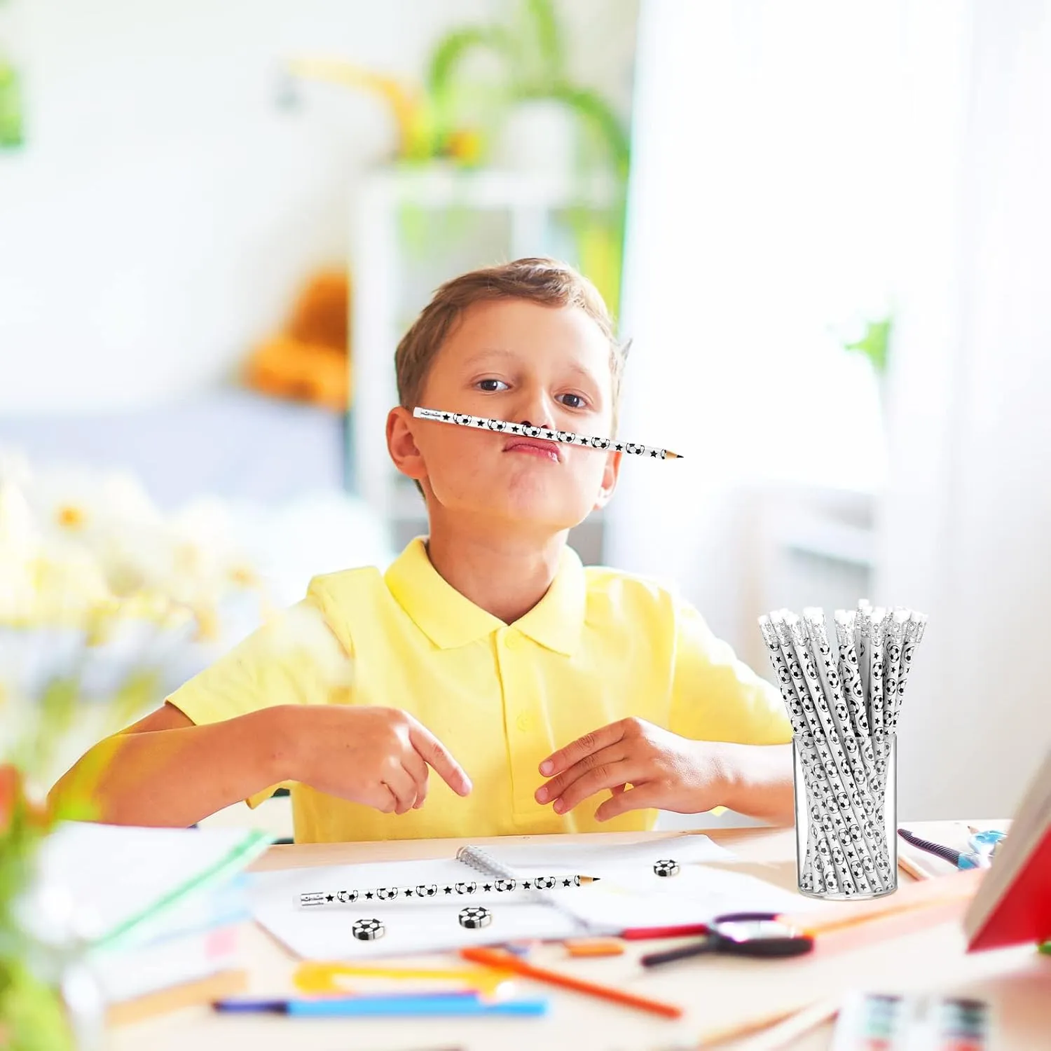 Tinlade 72 Pcs Sports Pencils and Erasers Fun Wooden Pencils Sports Themed Birthday Party Favors Stationery Party Office Supplies(Soccer)