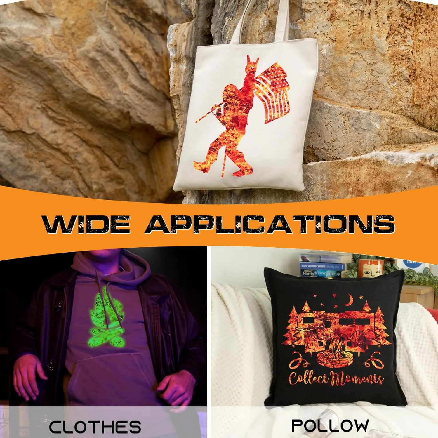 Tintnut Glow in Dark Flame HTV Heat Transfer Vinyl Roll - 12 inch x 5ft Orange Burning Fire Patterned Iron on Vinyl DIY Canvas Bags T-Shirts Handbags Pillow Crafts for Cricut Silhouette Cameo