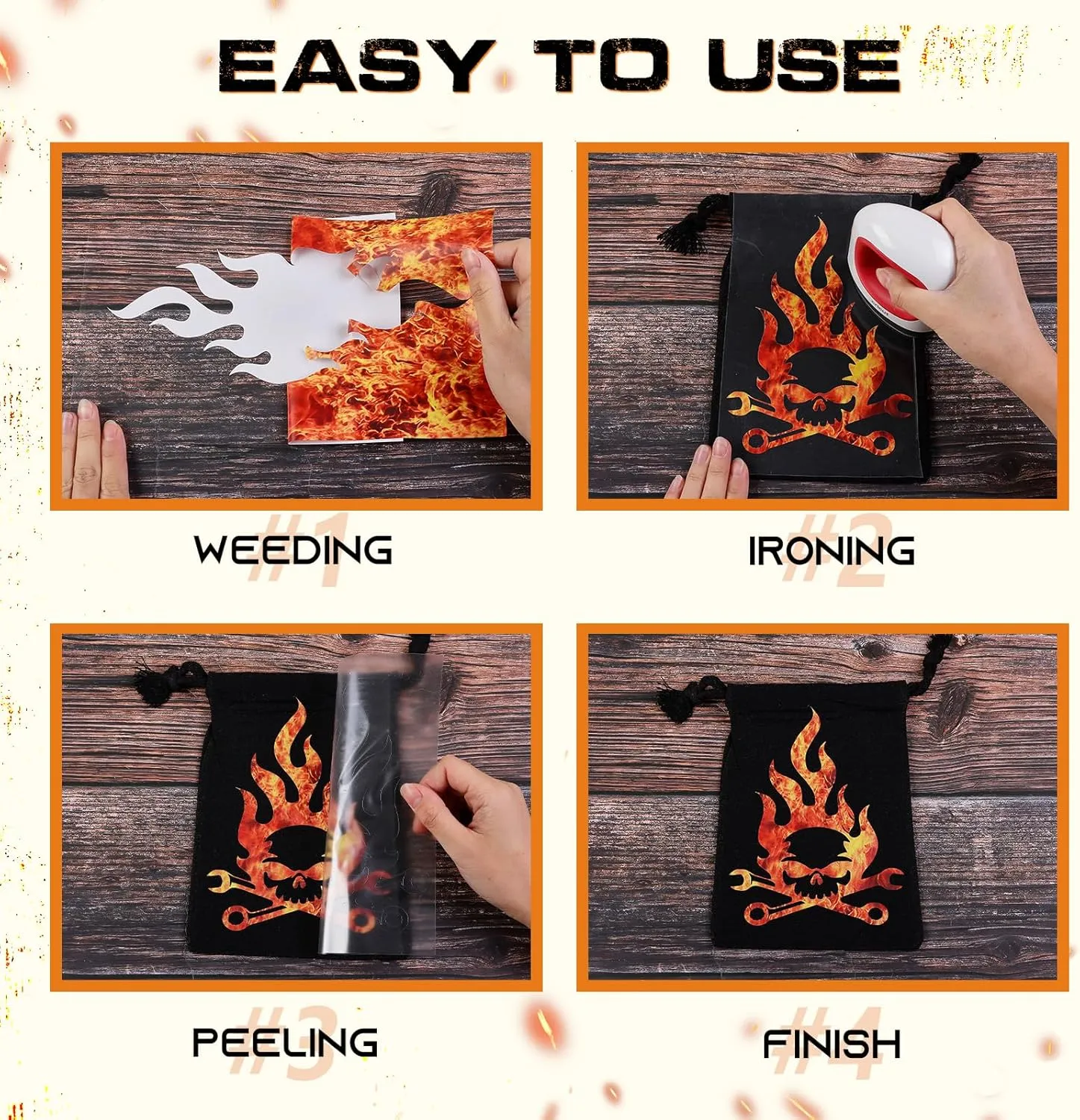 Tintnut Glow in Dark Flame HTV Heat Transfer Vinyl Roll - 12 inch x 5ft Orange Burning Fire Patterned Iron on Vinyl DIY Canvas Bags T-Shirts Handbags Pillow Crafts for Cricut Silhouette Cameo