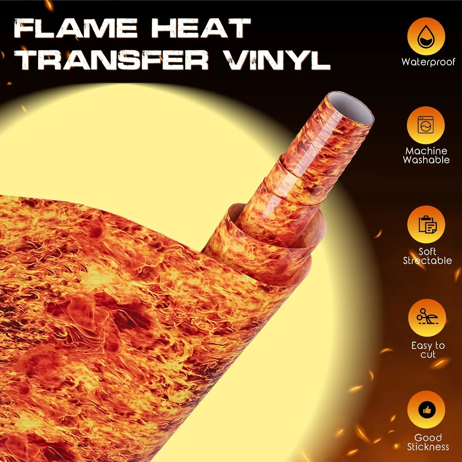 Tintnut Glow in Dark Flame HTV Heat Transfer Vinyl Roll - 12 inch x 5ft Orange Burning Fire Patterned Iron on Vinyl DIY Canvas Bags T-Shirts Handbags Pillow Crafts for Cricut Silhouette Cameo
