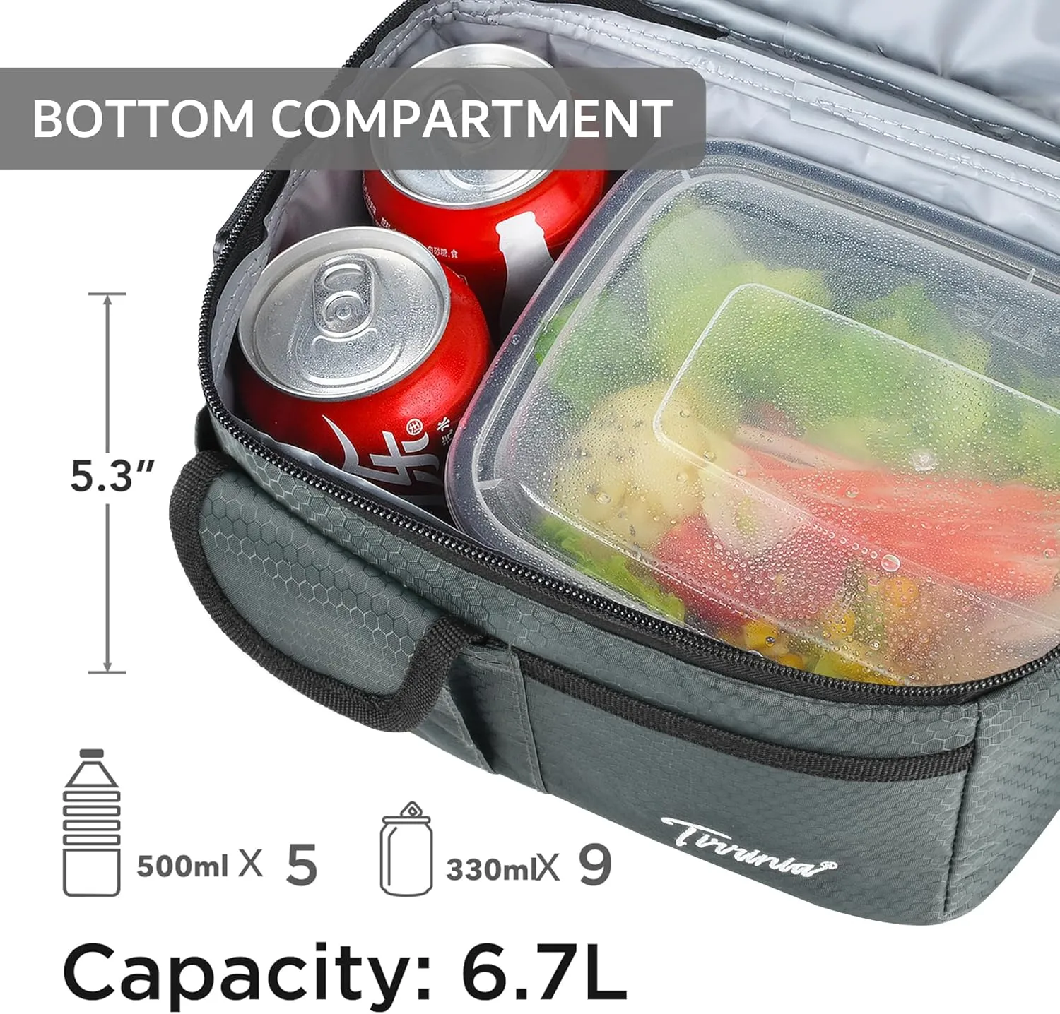 Tirrinia Insulated Lunch Bag, Leakproof Thermal Bento Cooler Tote for Women and Men, Dual Compartment with Shoulder Strap, 10.3" x 7.5" x 8.6", Celadon