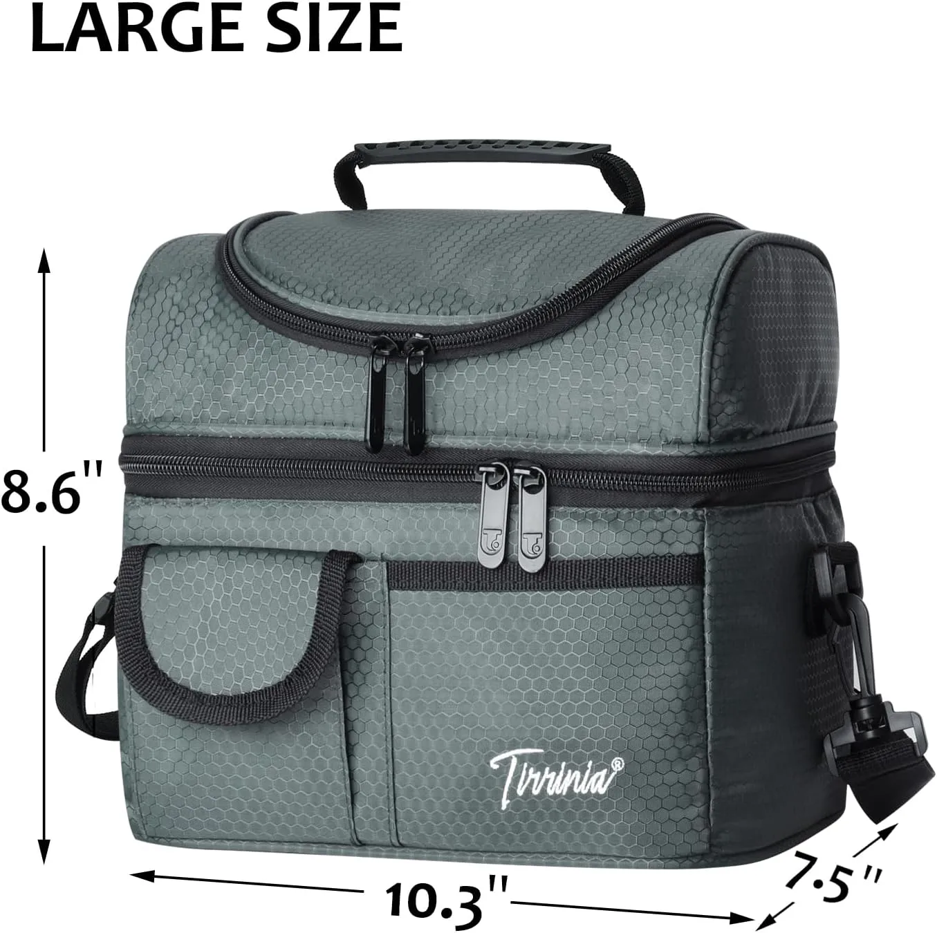 Tirrinia Insulated Lunch Bag, Leakproof Thermal Bento Cooler Tote for Women and Men, Dual Compartment with Shoulder Strap, 10.3" x 7.5" x 8.6", Celadon