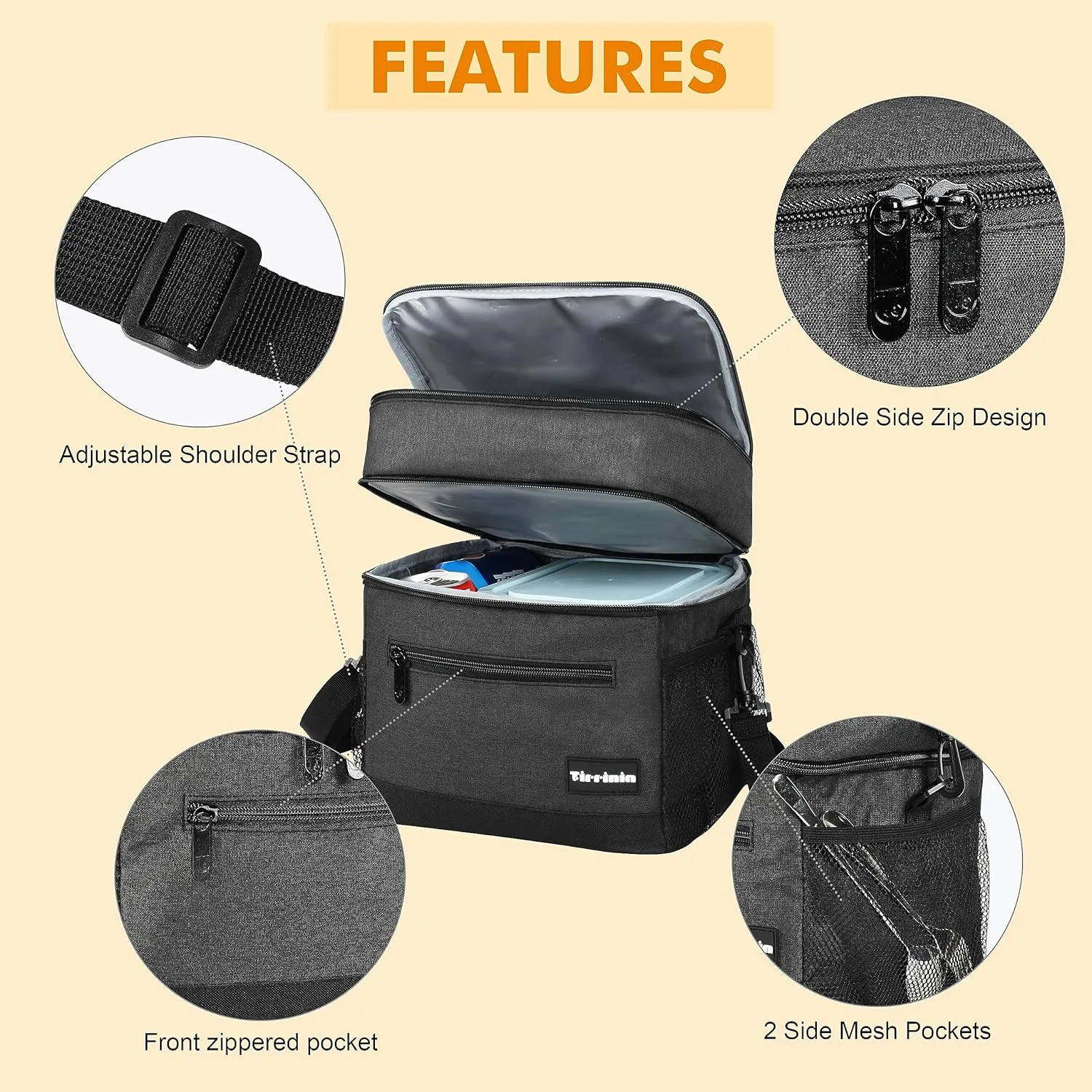 Tirrinia Large Insulated Lunch Bag for Men and Women, Adult Double-Layer Leakproof Reusable Grocery Bag, Office, Travel, Work Lunch Cooler Tote