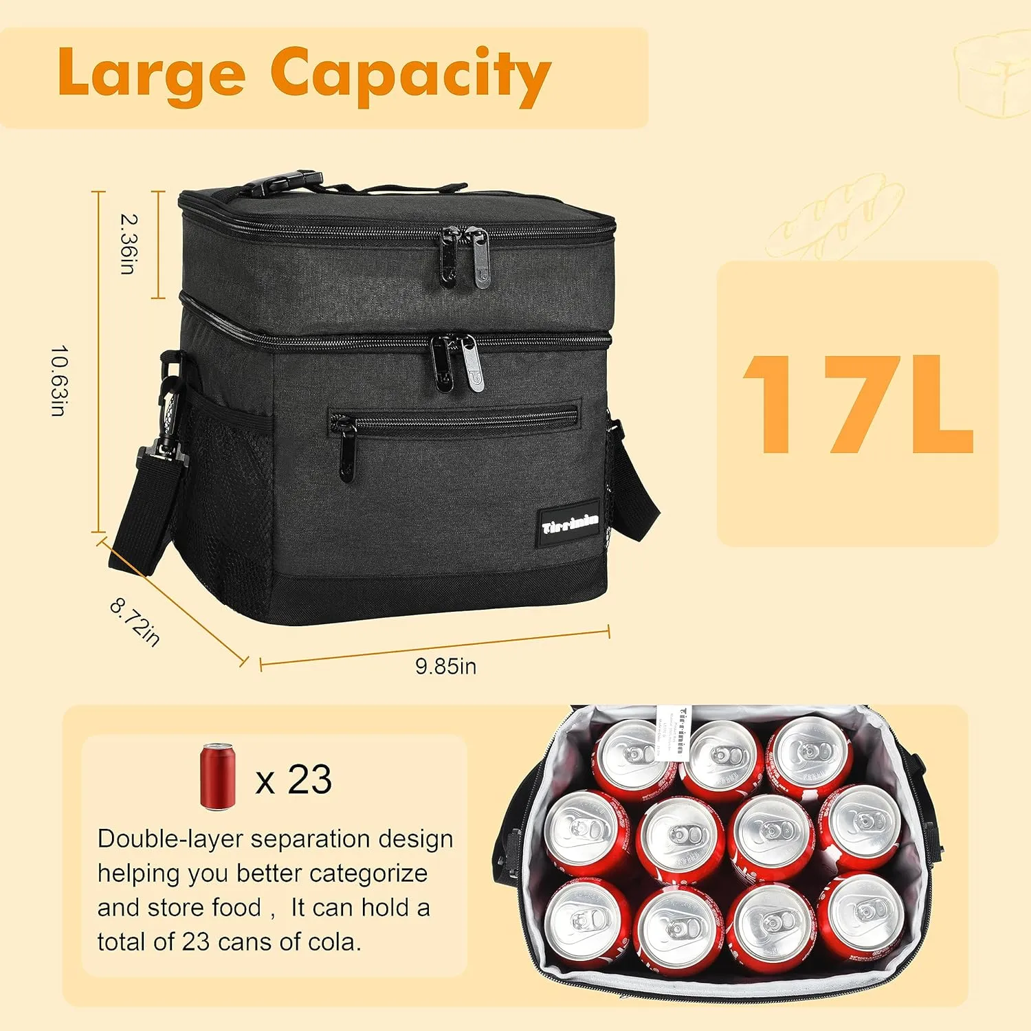 Tirrinia Large Insulated Lunch Bag for Men and Women, Adult Double-Layer Leakproof Reusable Grocery Bag, Office, Travel, Work Lunch Cooler Tote