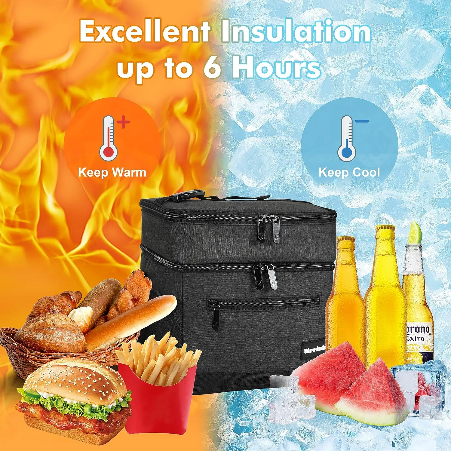 Tirrinia Large Insulated Lunch Bag for Men and Women, Adult Double-Layer Leakproof Reusable Grocery Bag, Office, Travel, Work Lunch Cooler Tote