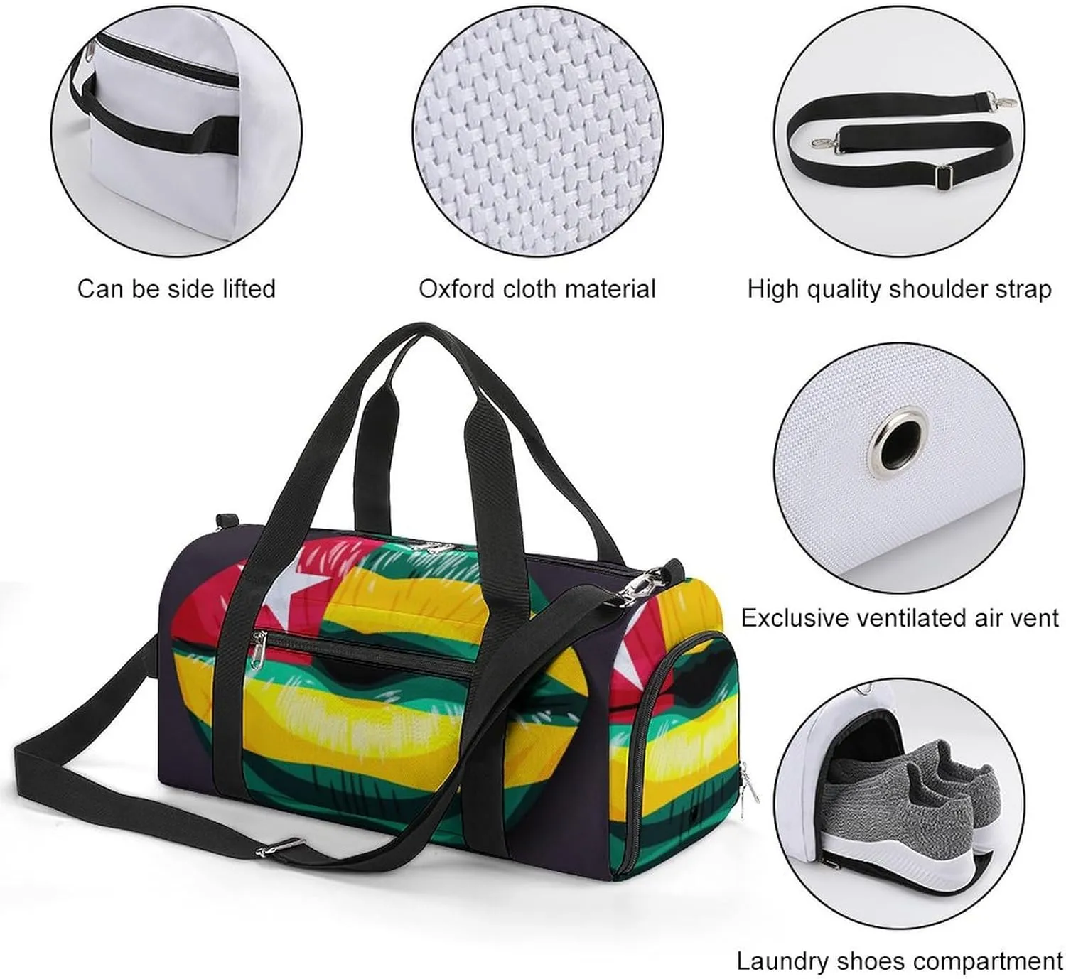 Togo Flag Lips Sports Duffel Bag with Wet Pocket and Shoe Compartment Travel Weekender