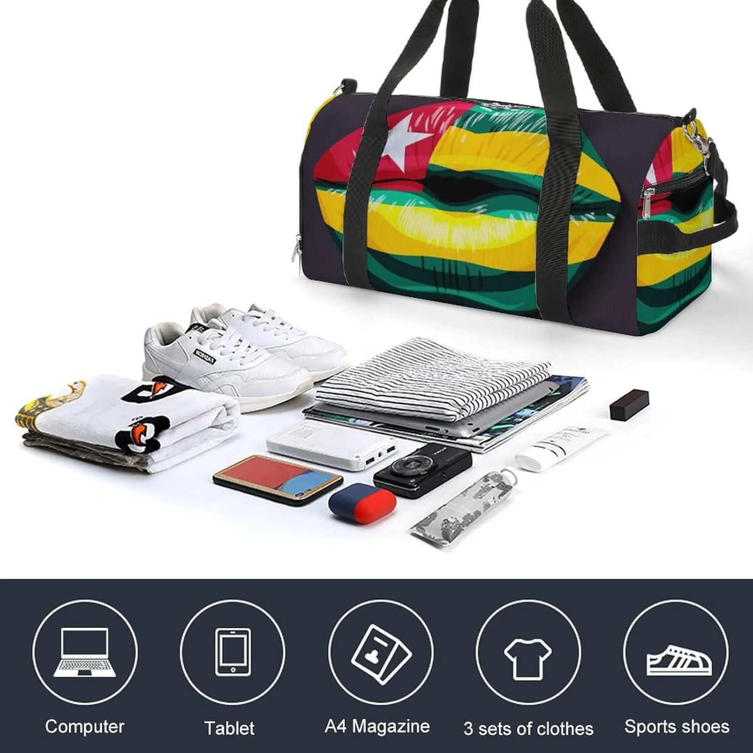 Togo Flag Lips Sports Duffel Bag with Wet Pocket and Shoe Compartment Travel Weekender
