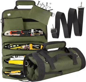 Tool Bag Roll Up, Gifts for Men Heavy Duty Bag Tool Organizers, Portable Tool Storage Box with 2 Detachable Zipper Pouch, Compact Carrier Bag for Electrician Mechanic, Father Day Gifts (Green)