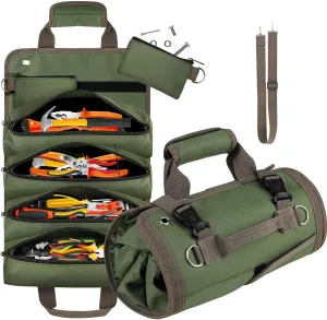 Tool Bag Roll Up, Heavy Duty Tool Organizer for Men Women, Portable Tool Storage Box with 2 Detachable Zipper Pouch, Gifts for Dad Tool Roll Organizer For Mechanic, Electrician & Hobbyist