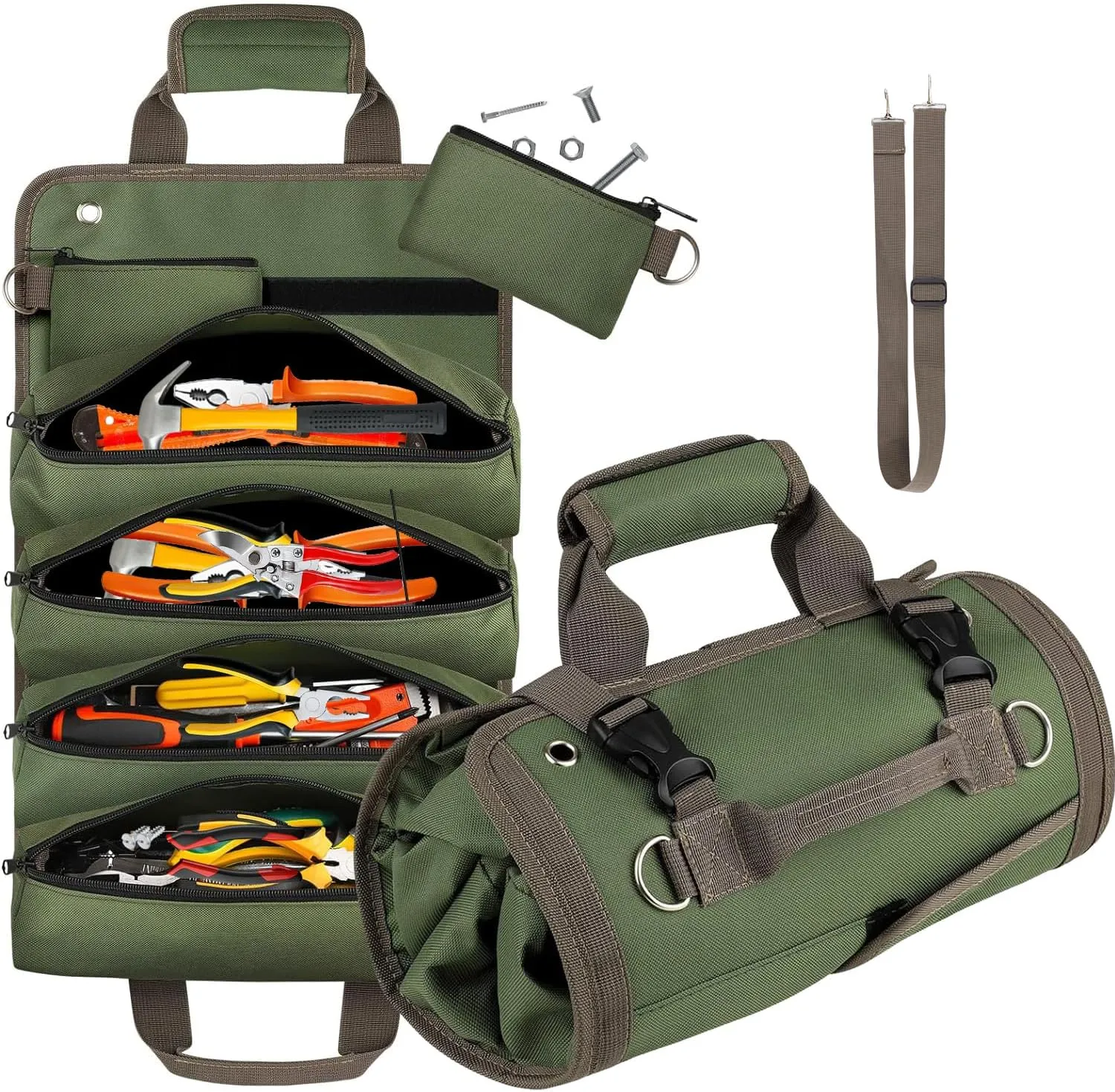 Tool Bag Roll Up, Heavy Duty Tool Organizer for Men Women, Portable Tool Storage Box with 2 Detachable Zipper Pouch, Gifts for Dad Tool Roll Organizer For Mechanic, Electrician & Hobbyist