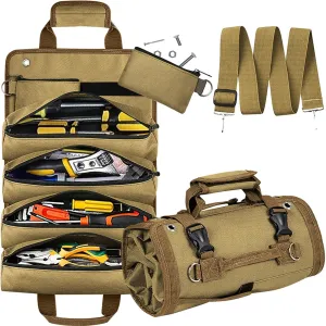 Tool Organizer Bag, Foldable Roll Up Bag Organizer w/ 2 Detachable Pouches, Heavy Duty Tool Storage Organization for Mechanic Carrying Toolbag, Dad Men Birthday Father Day, Gifts for Him (Khaki)