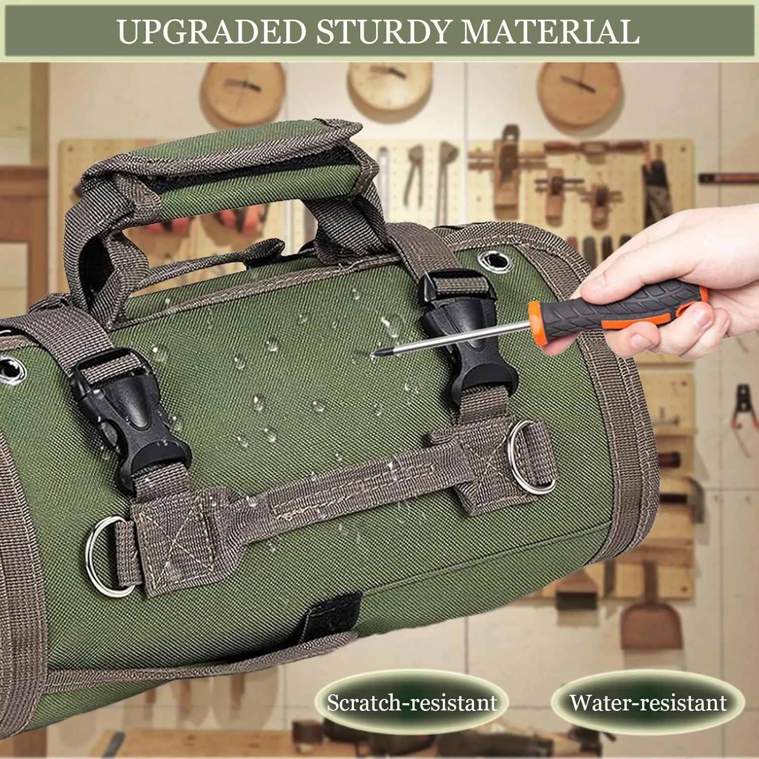 Tool Organizer Bag, Foldable Roll Up Bag Organizer w/ 2 Detachable Pouches, Heavy Duty Tool Storage Organization for Mechanic Carrying Toolbag, Dad Men Birthday Father Day, Gifts for Him (Khaki)