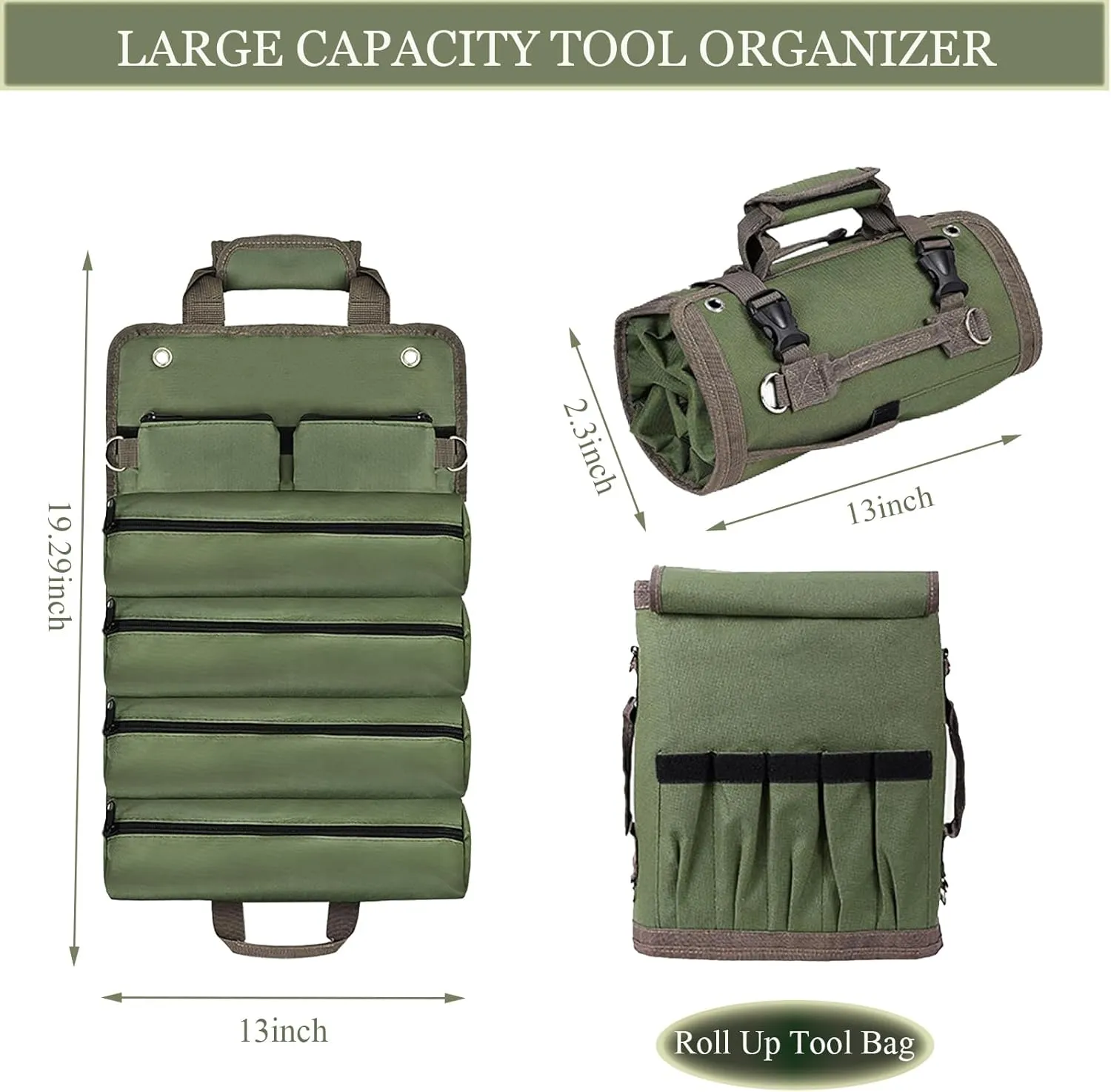Tool Organizer Bag, Foldable Roll Up Bag Organizer w/ 2 Detachable Pouches, Heavy Duty Tool Storage Organization for Mechanic Carrying Toolbag, Dad Men Birthday Father Day, Gifts for Him (Khaki)