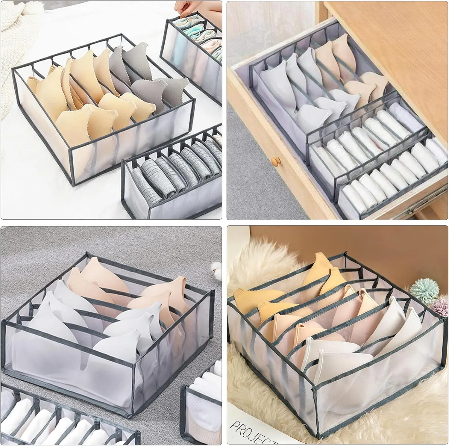 TOOVREN Bra Drawer Organizers, Underwear Drawer Organizers Divider, Lingerie Storage Bins, Wardrobe Organizers and Storage Box, Mesh Drawer Organizer Divider Closet Storage for Underwear Bra Sock