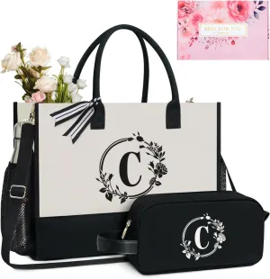 TOPDesign Personalized Initial Canvas Tote Bag with 5 Pockets, Top Zipper Closure, Thick Bottom Support, for Wedding, Birthday, Beach, Perfect Gifts for Women, Mom, Teachers, Friends, Gift Boxed
