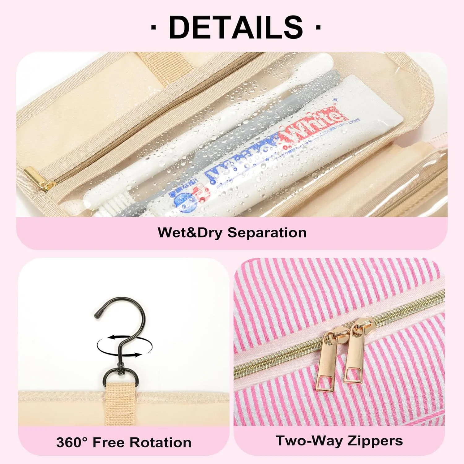 TOPEAST Hanging Toiletry Bag - Large Capacity Personalized Travel Bag for Women, Cruise Ship Essentials - Letter S, Pink