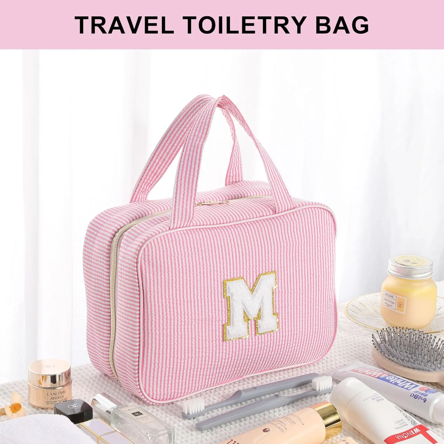 TOPEAST Hanging Toiletry Bag - Large Capacity Personalized Travel Bag for Women, Cruise Ship Essentials - Letter S, Pink