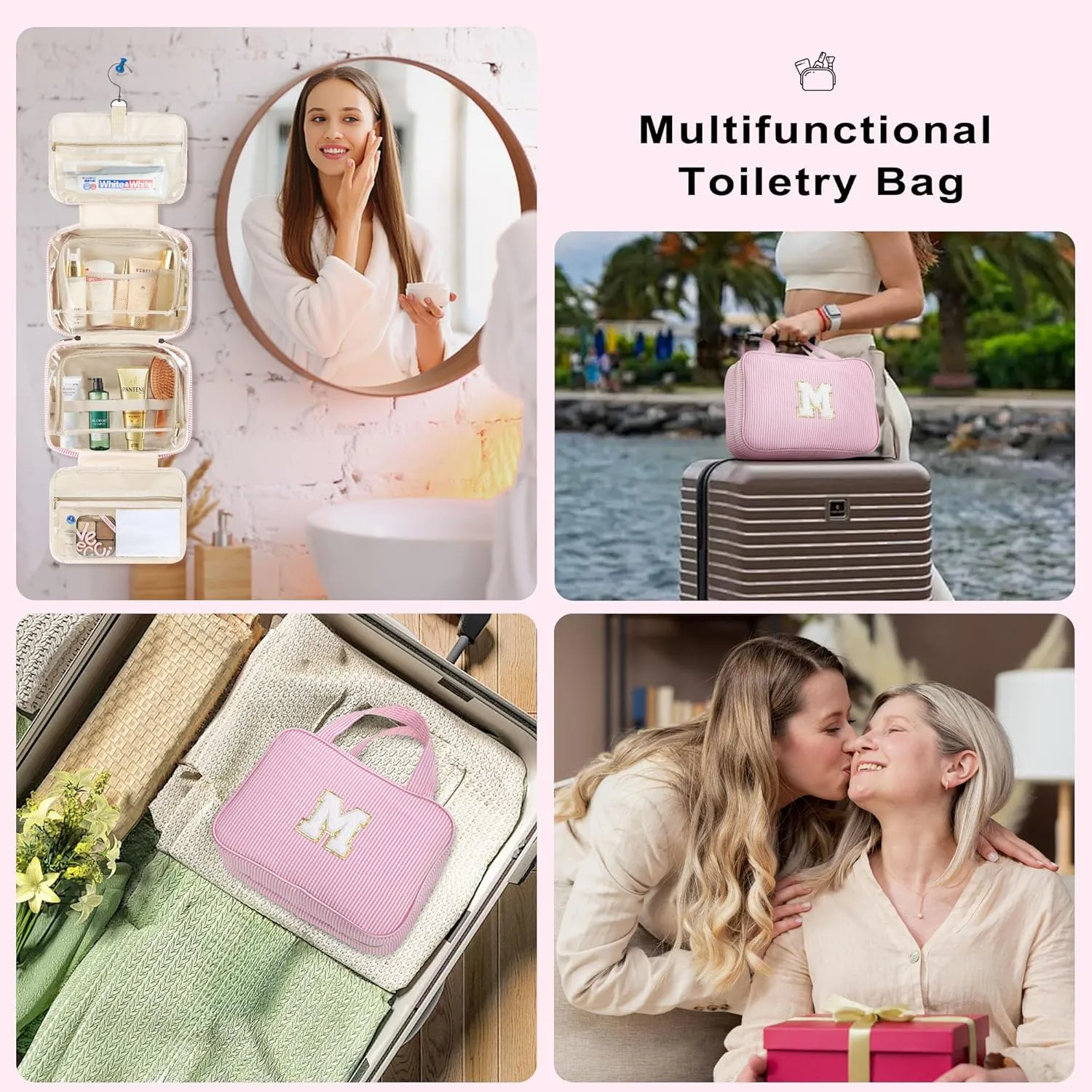 TOPEAST Hanging Toiletry Bag - Large Capacity Personalized Travel Bag for Women, Cruise Ship Essentials - Letter S, Pink