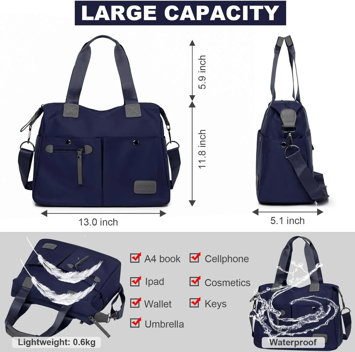 Tote Bag for Women,Multi Pockets Shoulder Handbag,Nurse Bag for Work,Large Cross body Purse,Fashion Nylon Top Handle Satchel