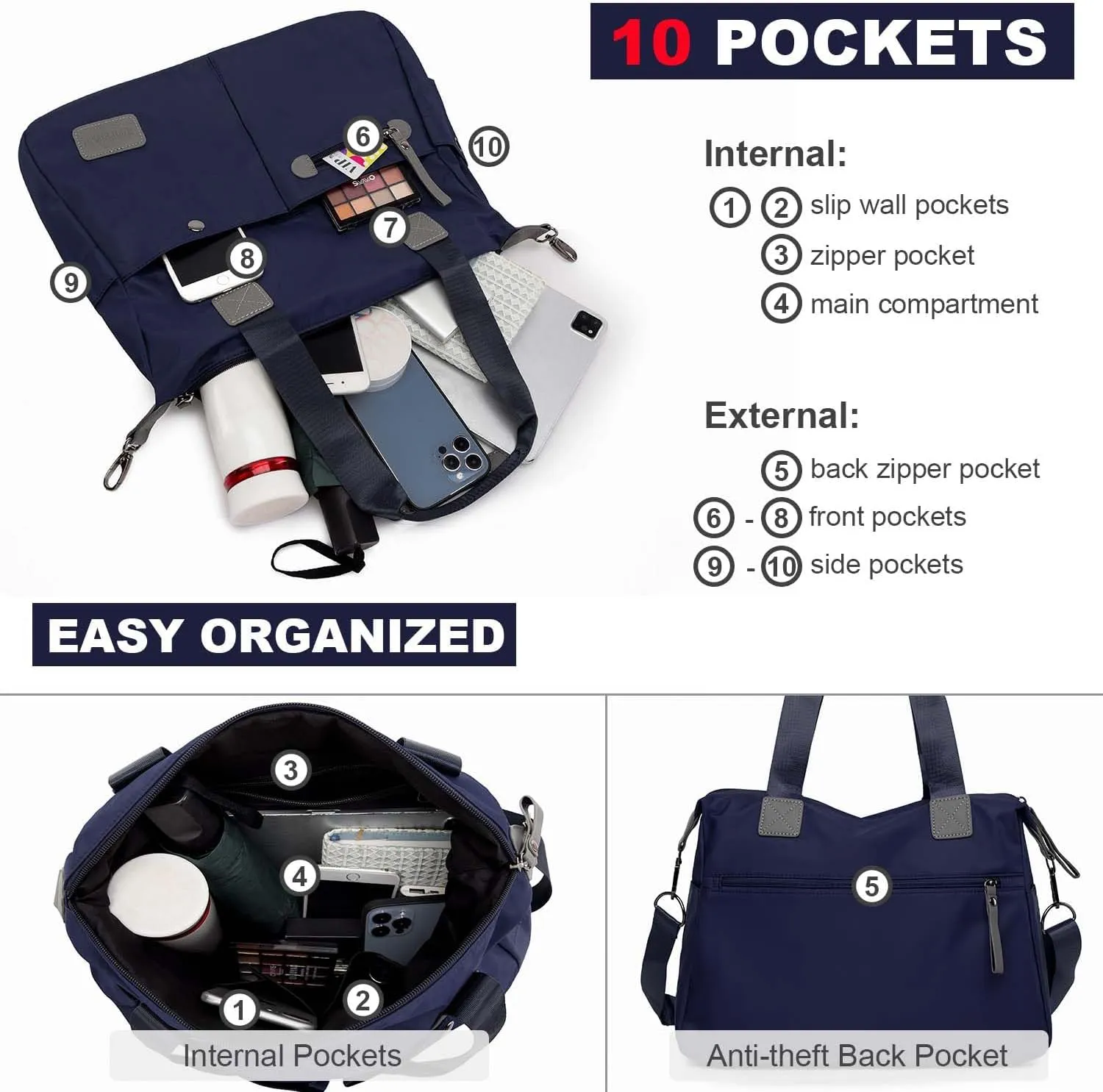 Tote Bag for Women,Multi Pockets Shoulder Handbag,Nurse Bag for Work,Large Cross body Purse,Fashion Nylon Top Handle Satchel