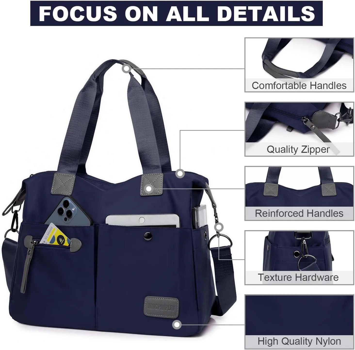 Tote Bag for Women,Multi Pockets Shoulder Handbag,Nurse Bag for Work,Large Cross body Purse,Fashion Nylon Top Handle Satchel