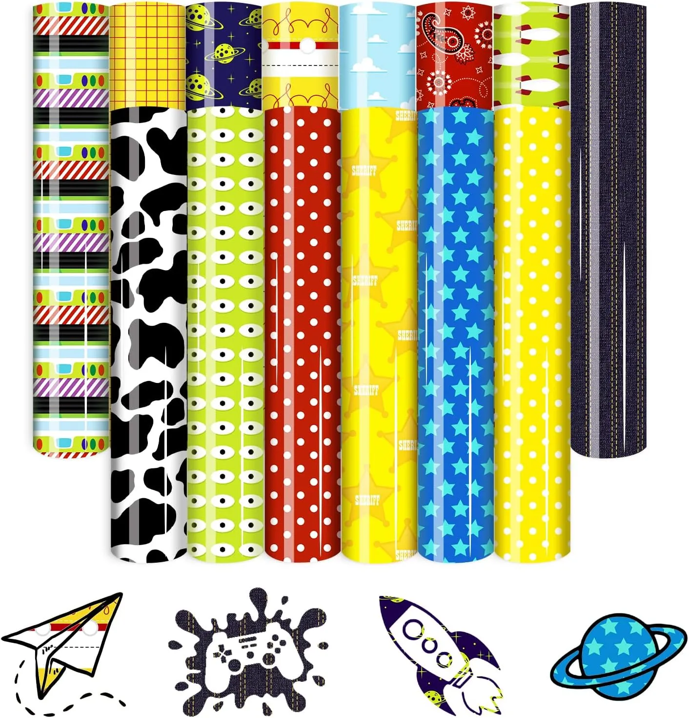 Toy Story Heat Transfer Vinyl -14 Sheets 12'' x 10''Cow Printed HTV Rocket/Planet/Star Patterned Iron on Vinyl for T-Shirts