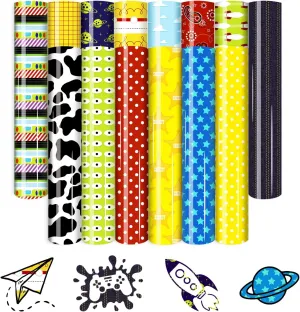 Toy Story Heat Transfer Vinyl -14 Sheets 12'' x 10''Cow Printed HTV Rocket/Planet/Star Patterned Iron on Vinyl for T-Shirts