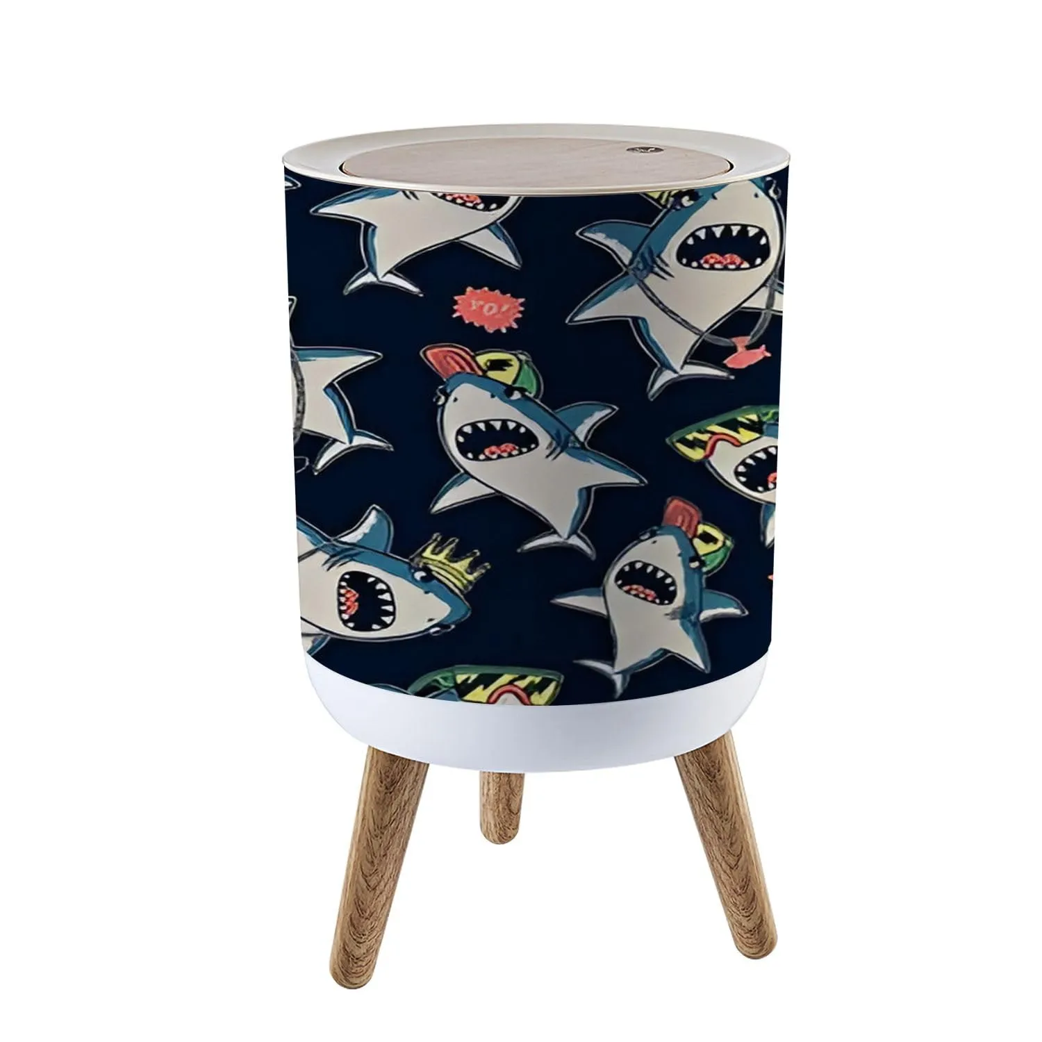 Trash Can with Lid Seamless Pattern Cartoon Sharks Elements for Boys Swim wear Press Top Round Small Garbage Bin with Wooden Legs Waste Basket for Kitchen Bedroom Nursery 7L/1.8 Gallon