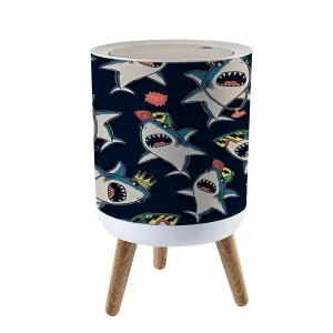 Trash Can with Lid Seamless Pattern Cartoon Sharks Elements for Boys Swim wear Press Top Round Small Garbage Bin with Wooden Legs Waste Basket for Kitchen Bedroom Nursery 7L/1.8 Gallon