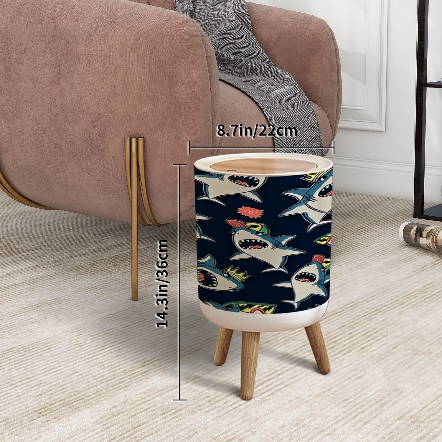 Trash Can with Lid Seamless Pattern Cartoon Sharks Elements for Boys Swim wear Press Top Round Small Garbage Bin with Wooden Legs Waste Basket for Kitchen Bedroom Nursery 7L/1.8 Gallon