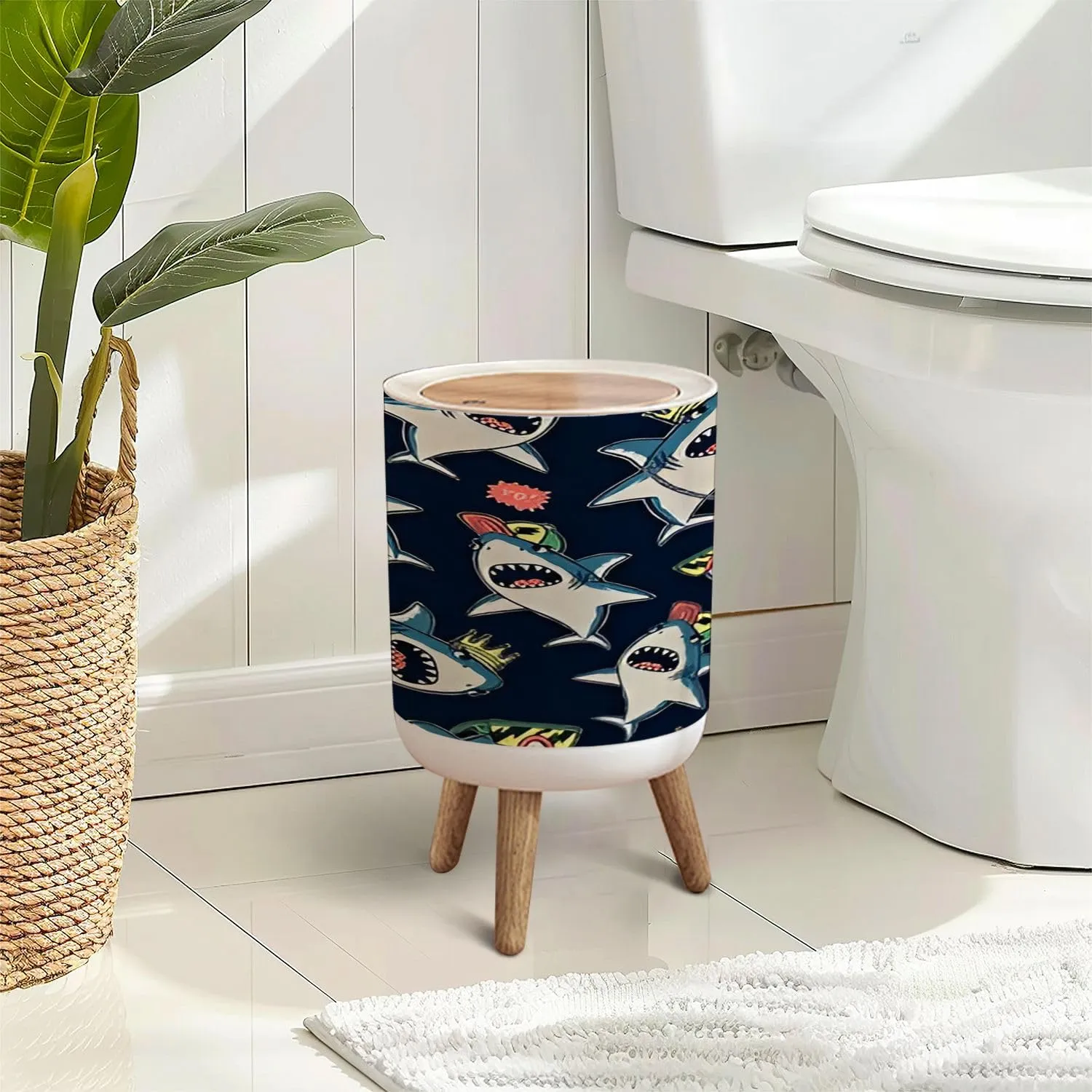 Trash Can with Lid Seamless Pattern Cartoon Sharks Elements for Boys Swim wear Press Top Round Small Garbage Bin with Wooden Legs Waste Basket for Kitchen Bedroom Nursery 7L/1.8 Gallon