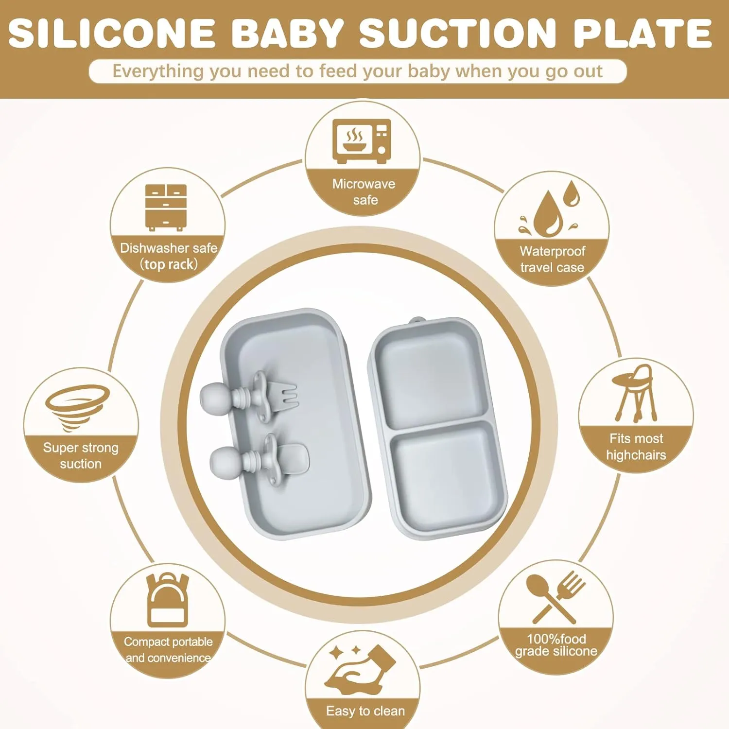 Travel Baby Suction Plate To Go, Portable Silicone Suction Plate Set for Toddler, Baby Divided Bowls with Utensils, Compact Design for Travel and Outdoor, Microwave & Dishwasher Safe