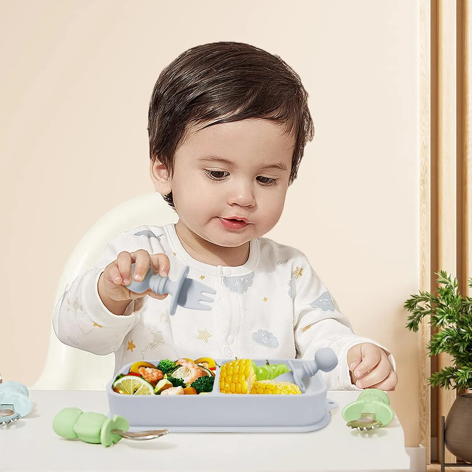 Travel Baby Suction Plate To Go, Portable Silicone Suction Plate Set for Toddler, Baby Divided Bowls with Utensils, Compact Design for Travel and Outdoor, Microwave & Dishwasher Safe