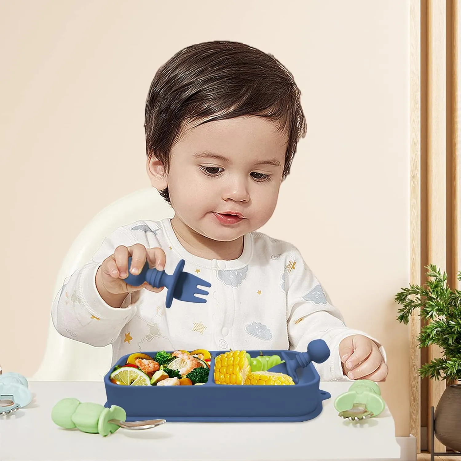Travel Baby Suction Plate To Go, Portable Silicone Suction Plate Set for Toddler, Baby Divided Bowls with Utensils, Compact Design for Travel and Outdoor, Microwave & Dishwasher Safe
