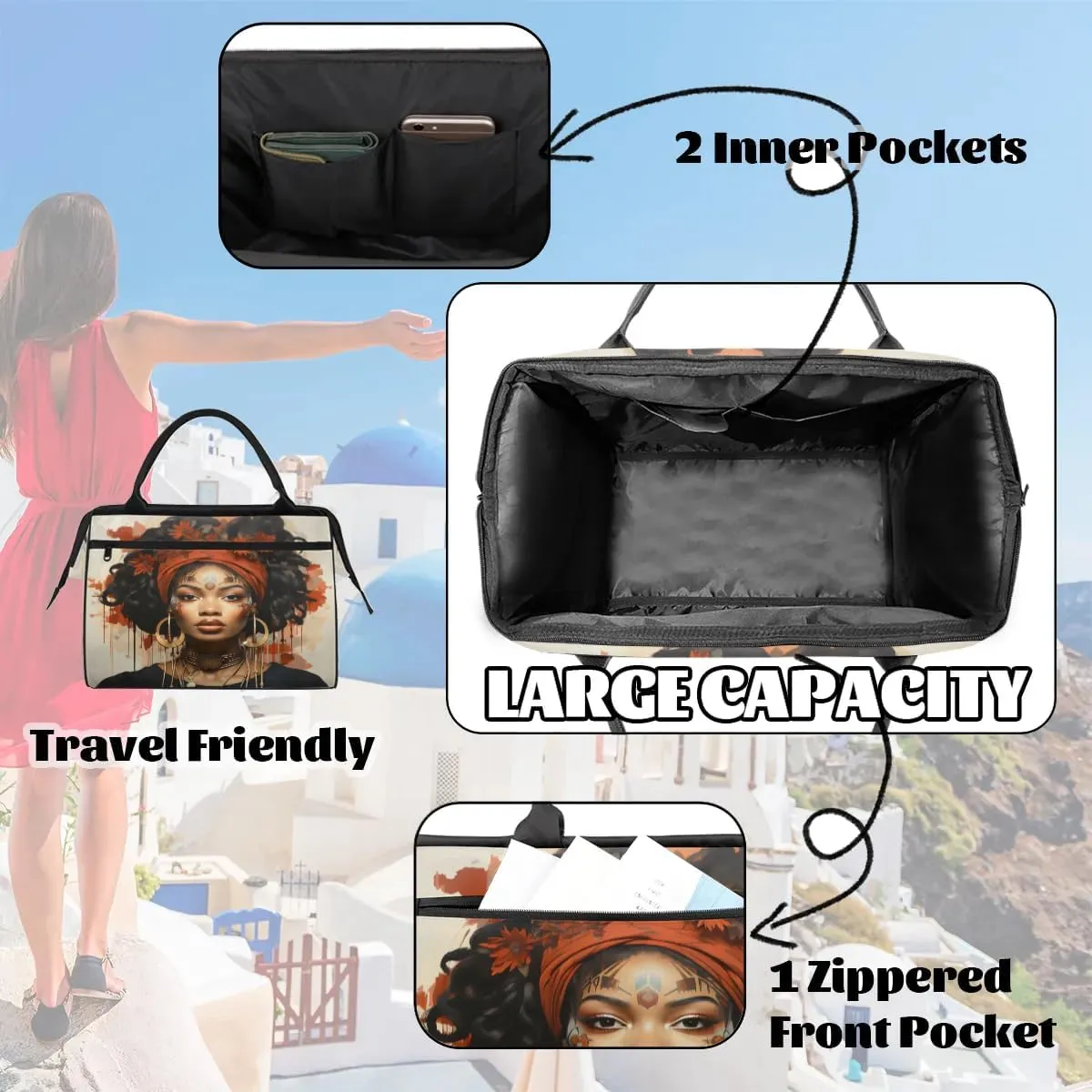 Travel Duffel Bag for Women, African Girl Cool A Weekender Overnight Bag Carry on Beach Swim Bags Dance Bag Airlines Approved Personal Item Travel Bag for Yoga, Sports, Hospital