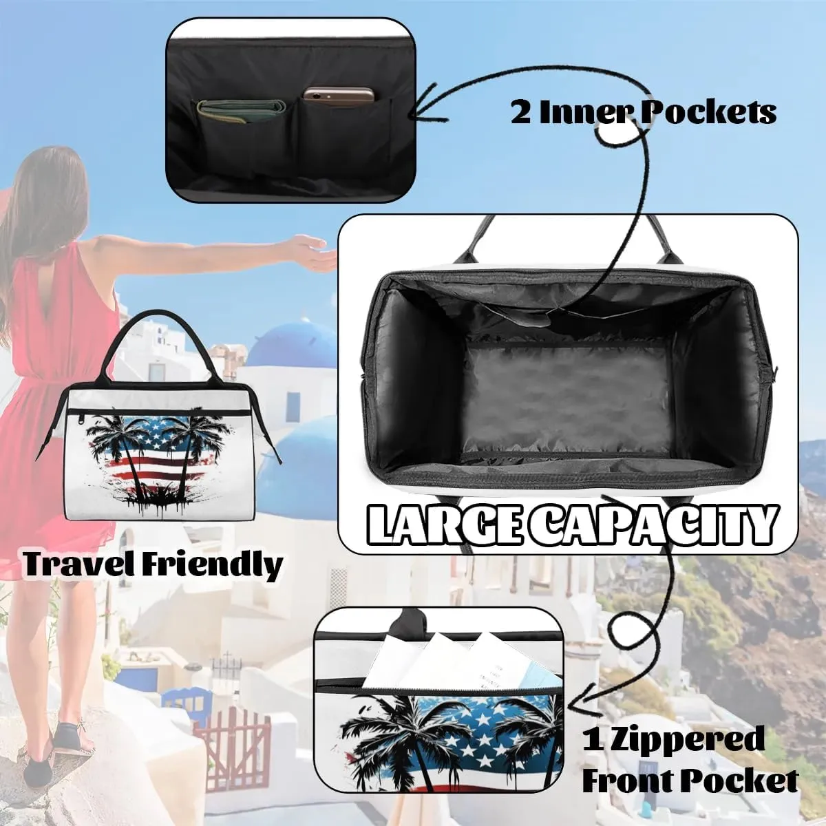 Travel Duffel Bag for Women, American Palm Tree Weekender Overnight Bag Carry on Beach Swim Bags Dance Bag Airlines Approved Personal Item Travel Bag for Yoga, Sports, Hospital